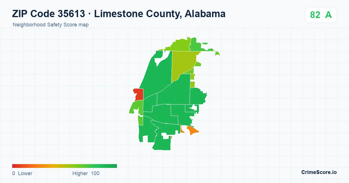 ZIP Code 35613 in Limestone County, Alabama neighborhood Safety Score map