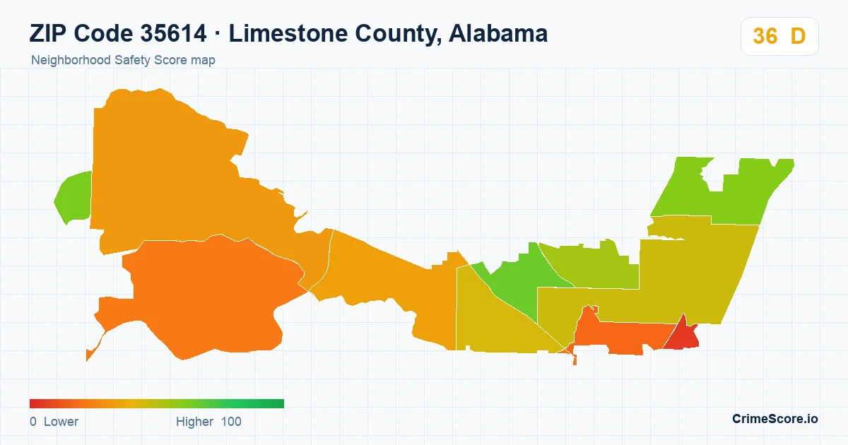 ZIP Code 35614 in Limestone County, Alabama neighborhood Safety Score map
