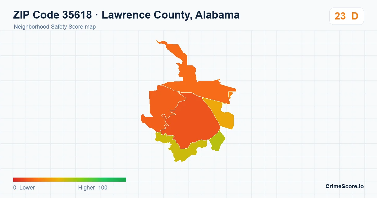 ZIP Code 35618 in Lawrence County, Alabama neighborhood Safety Score map