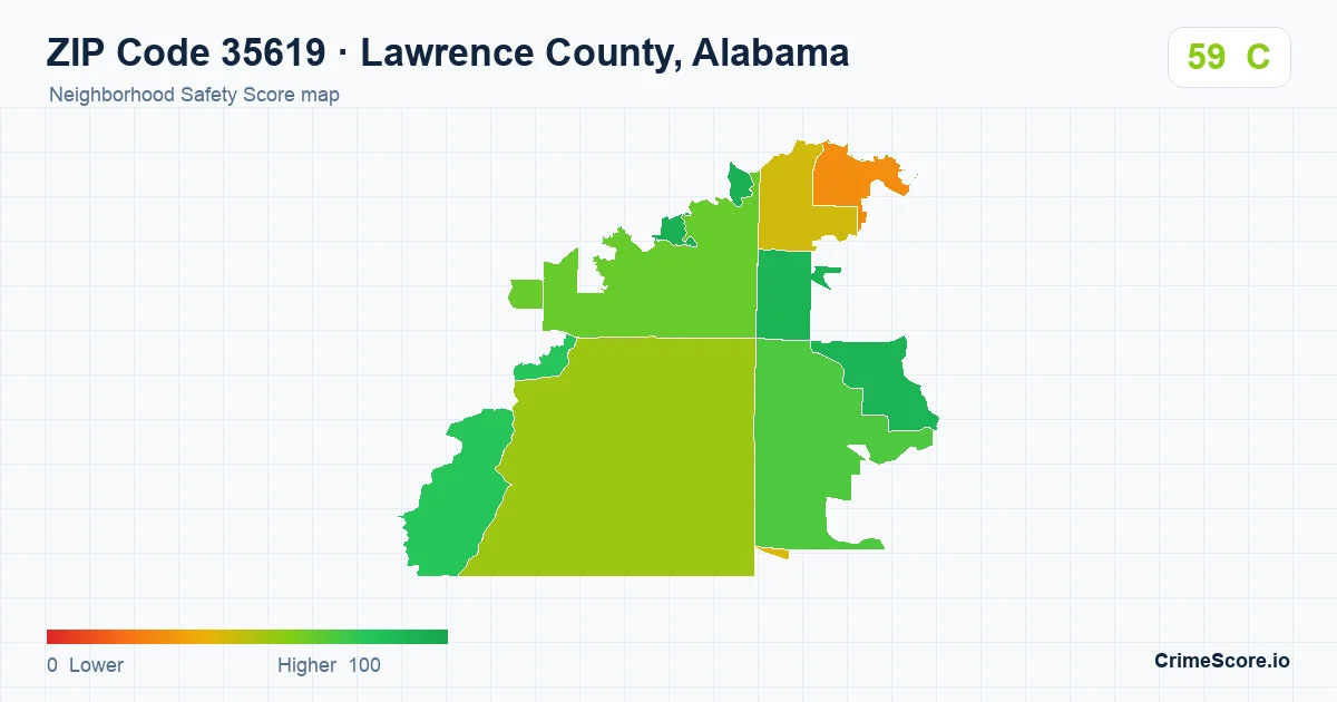 ZIP Code 35619 in Lawrence County, Alabama neighborhood Safety Score map