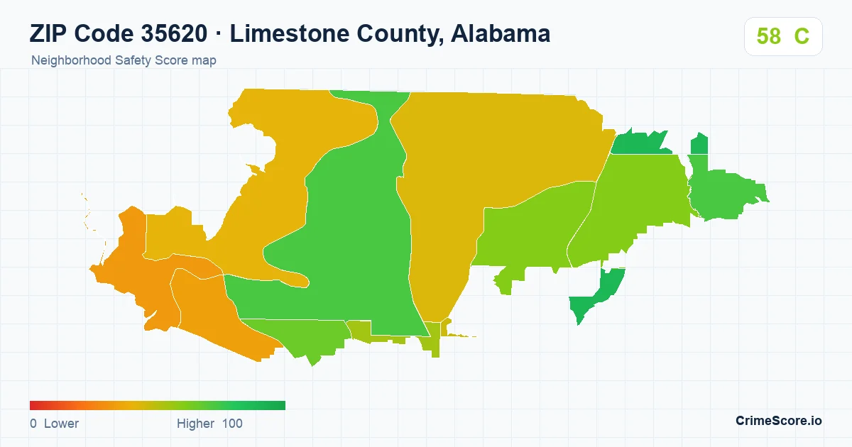 ZIP Code 35620 in Limestone County, Alabama neighborhood Safety Score map