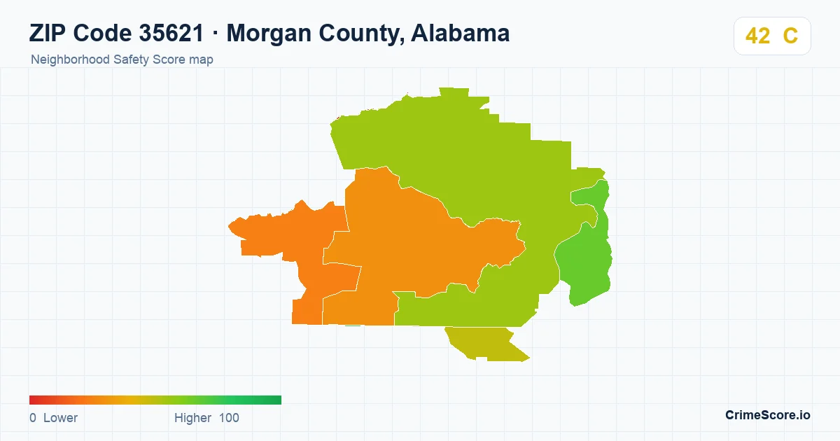 ZIP Code 35621 in Morgan County, Alabama neighborhood Safety Score map