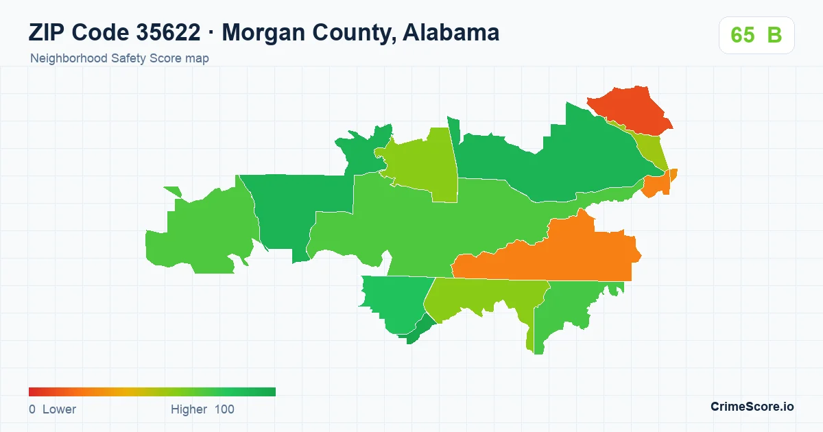 ZIP Code 35622 in Morgan County, Alabama neighborhood Safety Score map