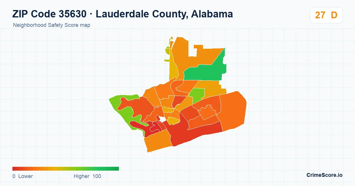 ZIP Code 35630 in Lauderdale County, Alabama neighborhood Safety Score map