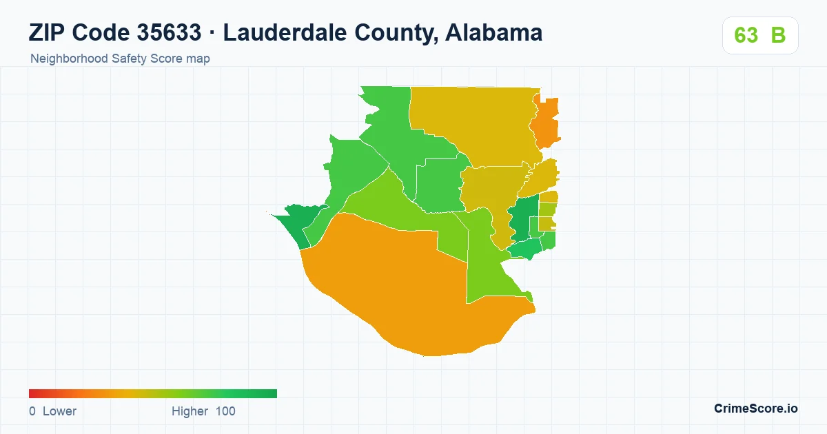 ZIP Code 35633 in Lauderdale County, Alabama neighborhood Safety Score map