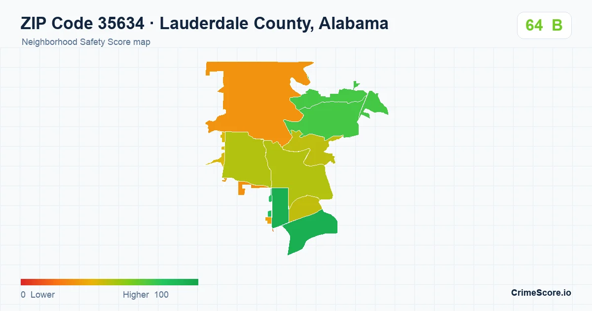ZIP Code 35634 in Lauderdale County, Alabama neighborhood Safety Score map