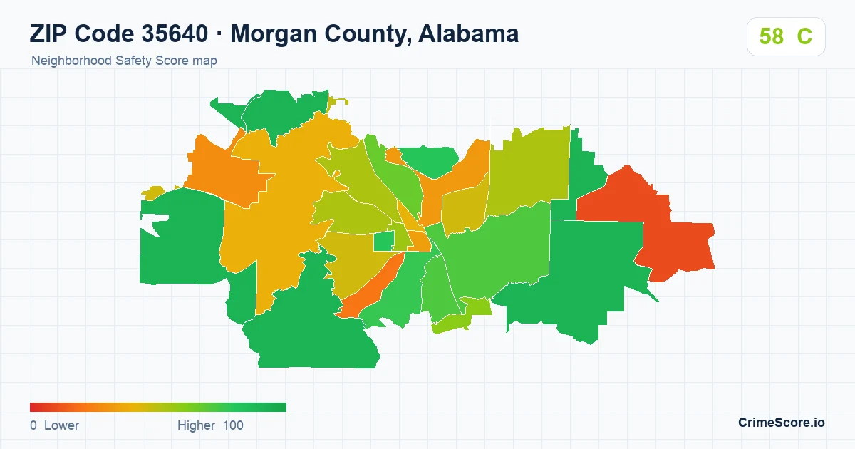 ZIP Code 35640 in Morgan County, Alabama neighborhood Safety Score map