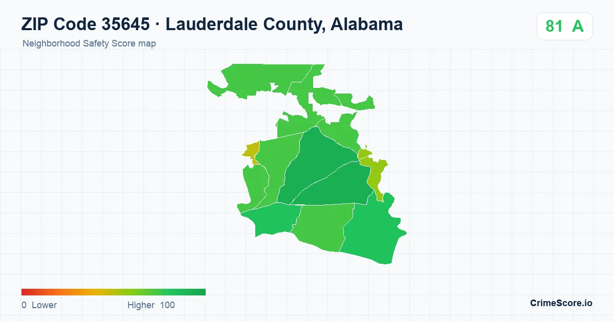 ZIP Code 35645 in Lauderdale County, Alabama neighborhood Safety Score map