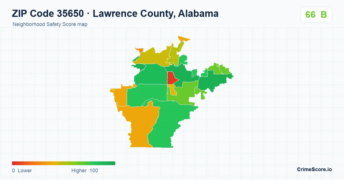 ZIP Code 35650 in Lawrence County, Alabama neighborhood Safety Score map