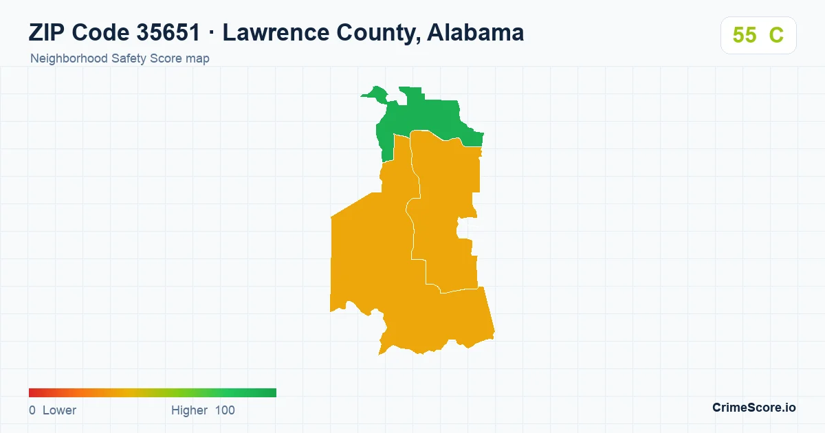 ZIP Code 35651 in Lawrence County, Alabama neighborhood Safety Score map