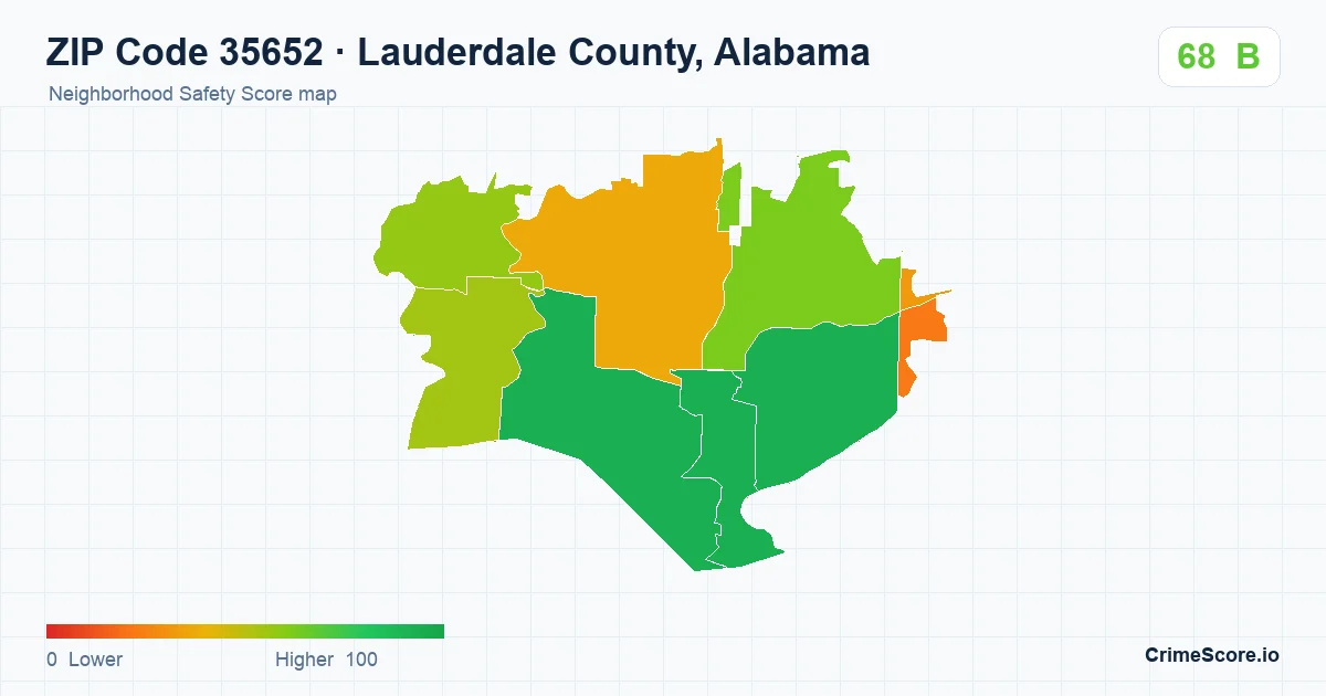 ZIP Code 35652 in Lauderdale County, Alabama neighborhood Safety Score map