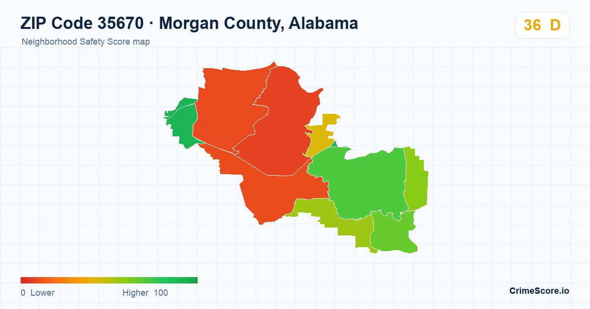 ZIP Code 35670 in Morgan County, Alabama neighborhood Safety Score map