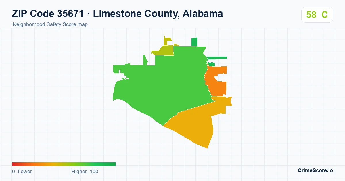 ZIP Code 35671 in Limestone County, Alabama neighborhood Safety Score map
