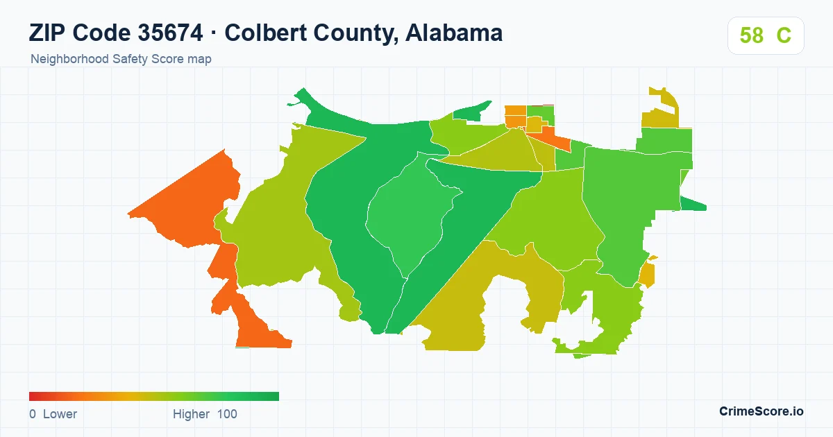 ZIP Code 35674 in Colbert County, Alabama neighborhood Safety Score map