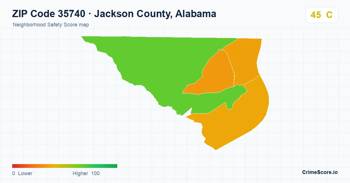 ZIP Code 35740 in Jackson County, Alabama neighborhood Safety Score map