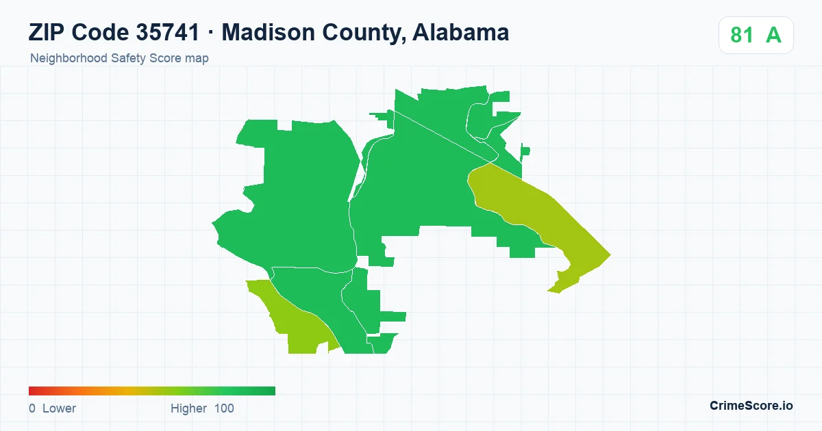 ZIP Code 35741 in Madison County, Alabama neighborhood Safety Score map