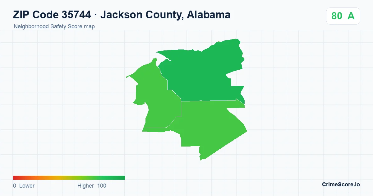 ZIP Code 35744 in Jackson County, Alabama neighborhood Safety Score map