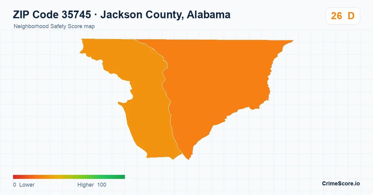 ZIP Code 35745 in Jackson County, Alabama neighborhood Safety Score map