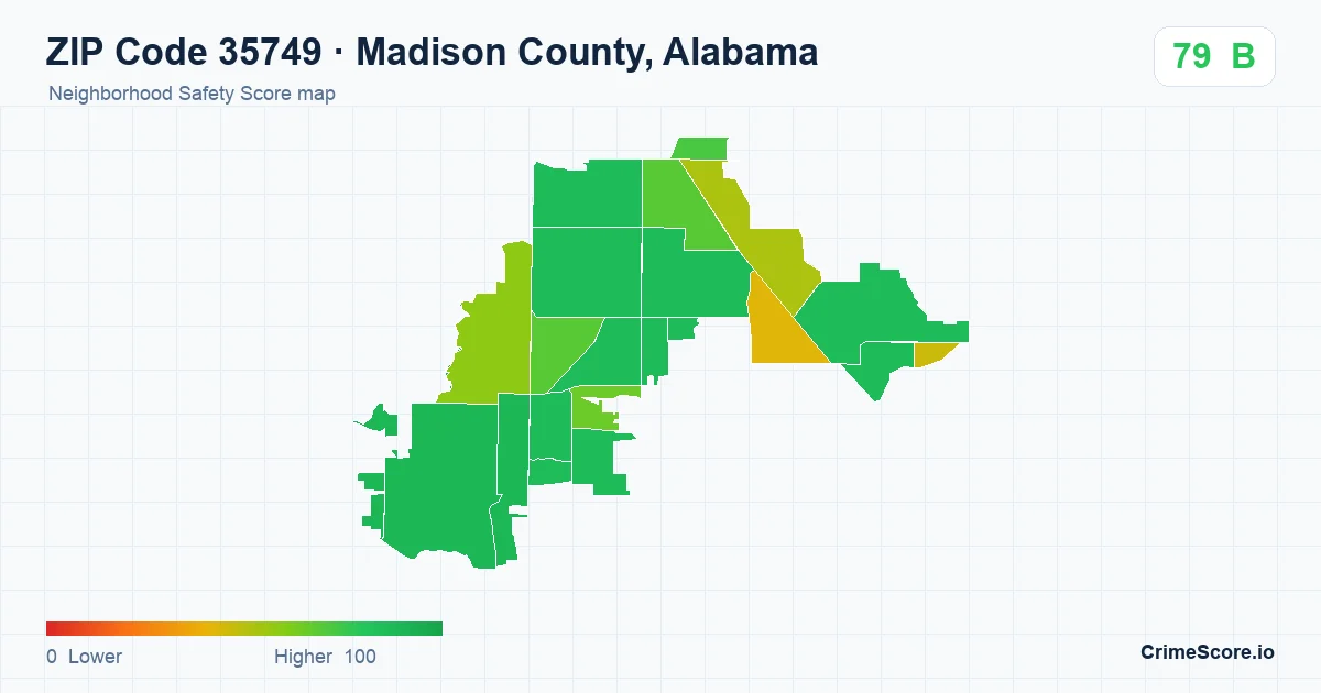 ZIP Code 35749 in Madison County, Alabama neighborhood Safety Score map