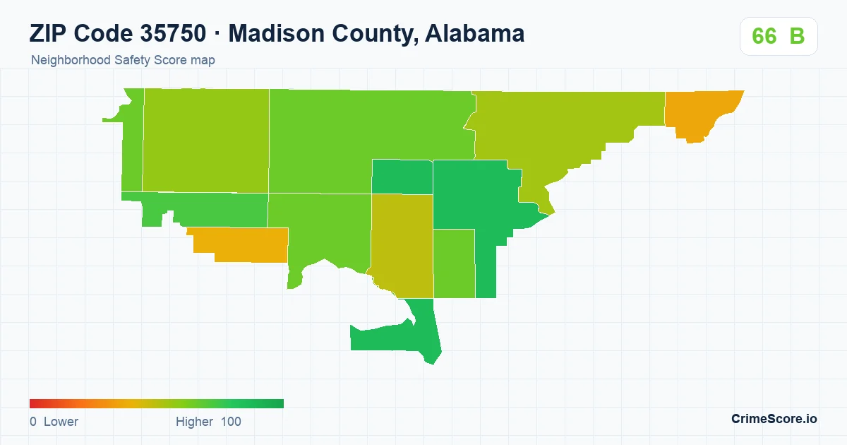 ZIP Code 35750 in Madison County, Alabama neighborhood Safety Score map