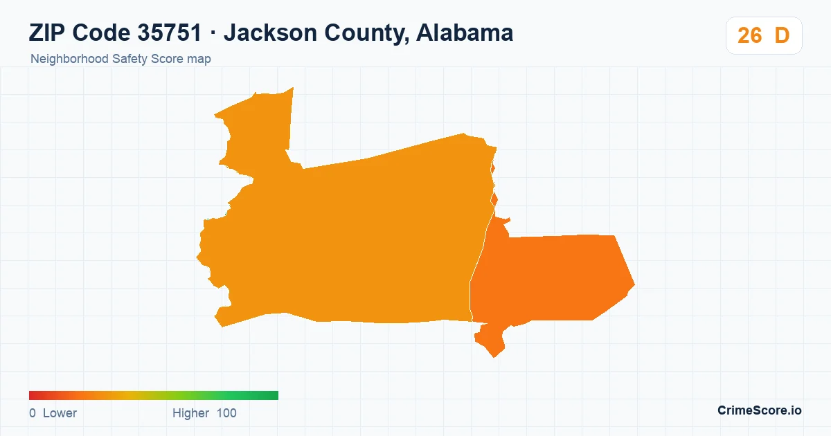 ZIP Code 35751 in Jackson County, Alabama neighborhood Safety Score map