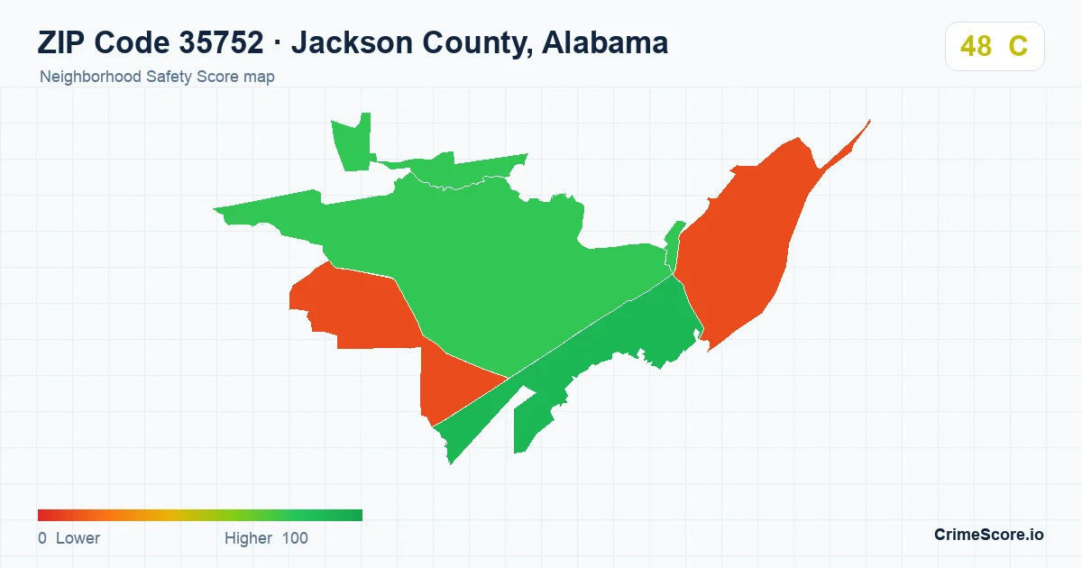 ZIP Code 35752 in Jackson County, Alabama neighborhood Safety Score map