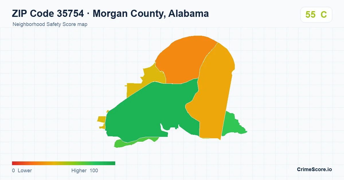 ZIP Code 35754 in Morgan County, Alabama neighborhood Safety Score map