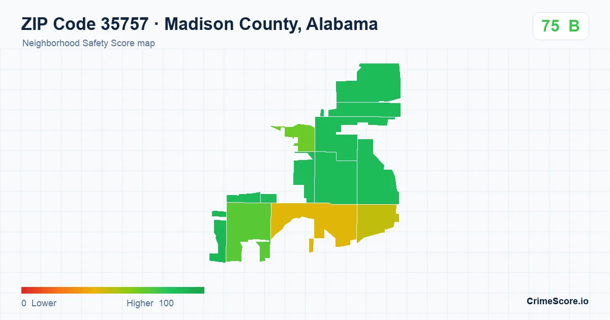 ZIP Code 35757 in Madison County, Alabama neighborhood Safety Score map