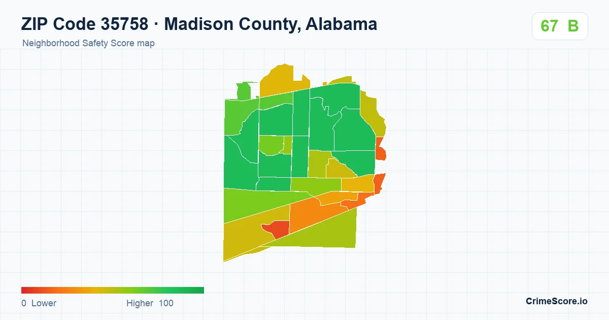 ZIP Code 35758 in Madison County, Alabama neighborhood Safety Score map