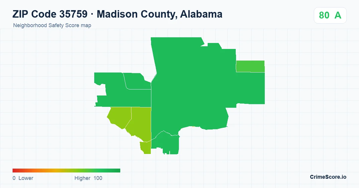 ZIP Code 35759 in Madison County, Alabama neighborhood Safety Score map