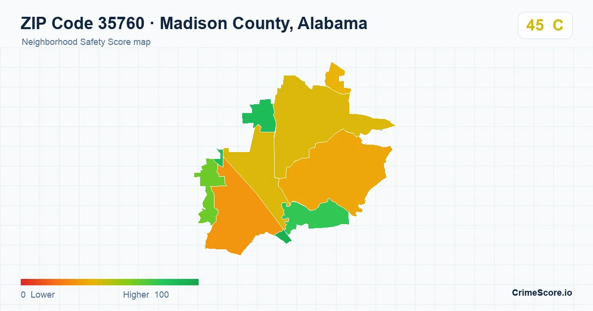 ZIP Code 35760 in Madison County, Alabama neighborhood Safety Score map
