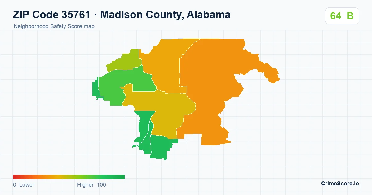 ZIP Code 35761 in Madison County, Alabama neighborhood Safety Score map