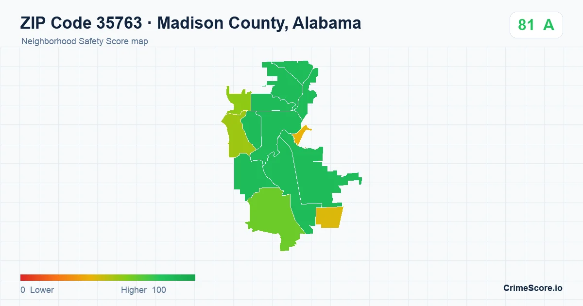 ZIP Code 35763 in Madison County, Alabama neighborhood Safety Score map