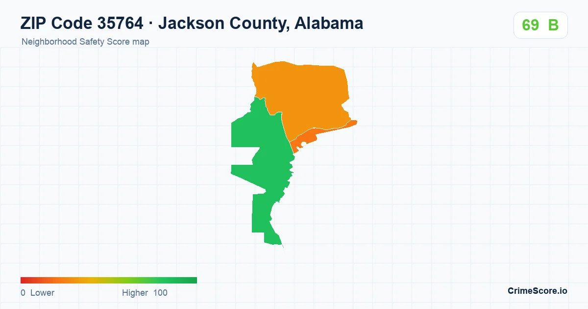 ZIP Code 35764 in Jackson County, Alabama neighborhood Safety Score map
