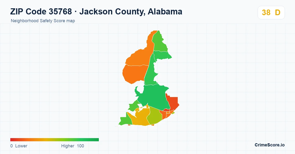 ZIP Code 35768 in Jackson County, Alabama neighborhood Safety Score map