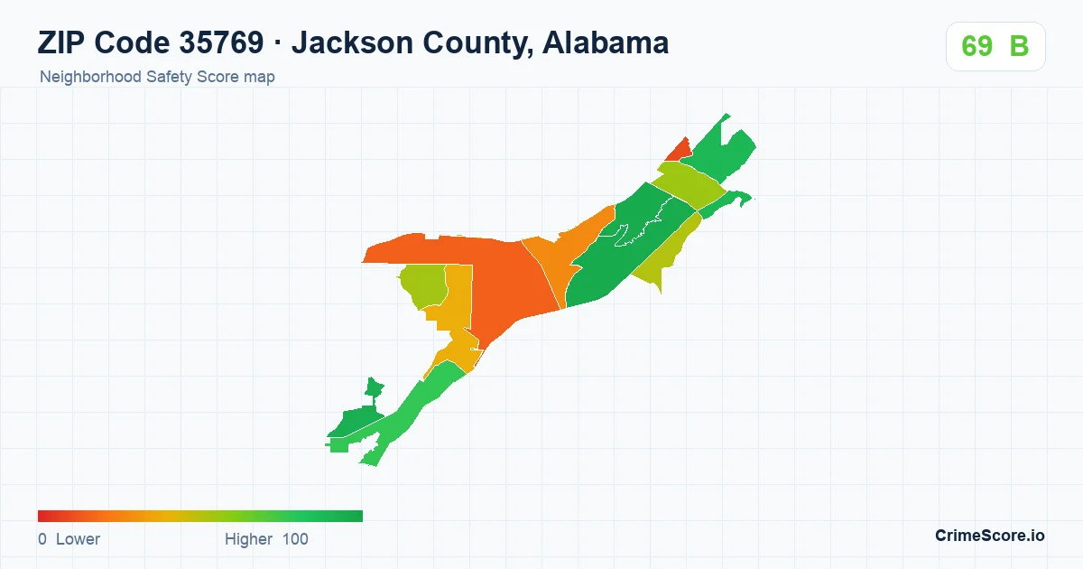 ZIP Code 35769 in Jackson County, Alabama neighborhood Safety Score map