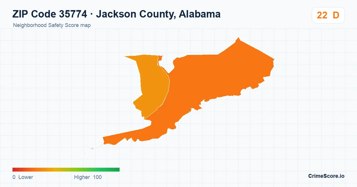 ZIP Code 35774 in Jackson County, Alabama neighborhood Safety Score map