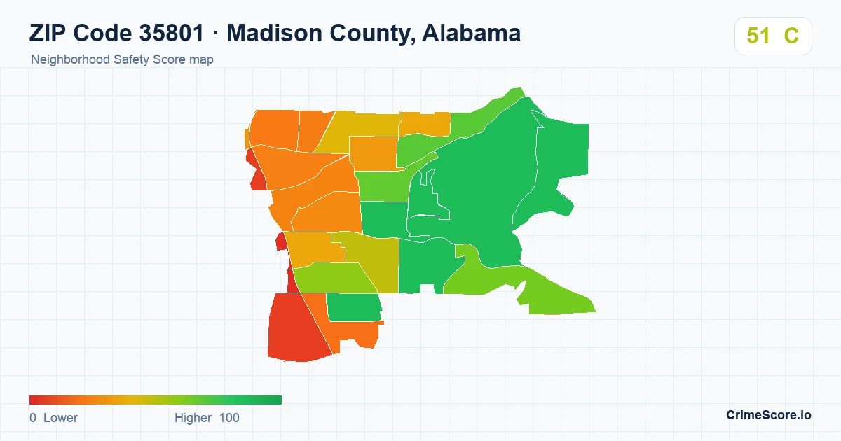ZIP Code 35801 in Madison County, Alabama neighborhood Safety Score map