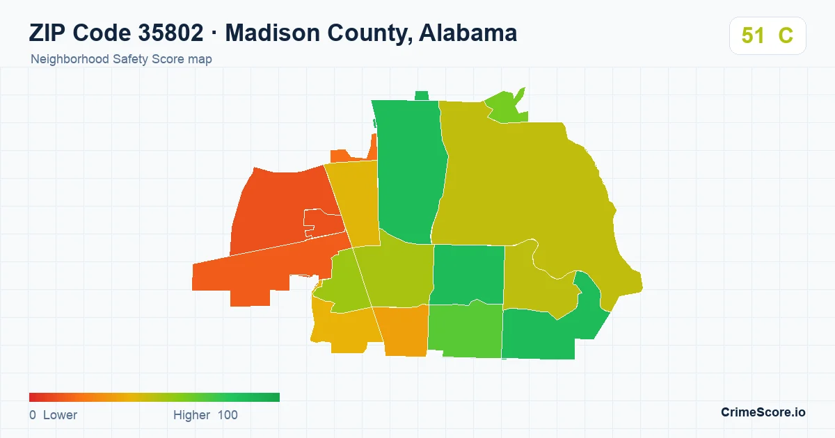 ZIP Code 35802 in Madison County, Alabama neighborhood Safety Score map