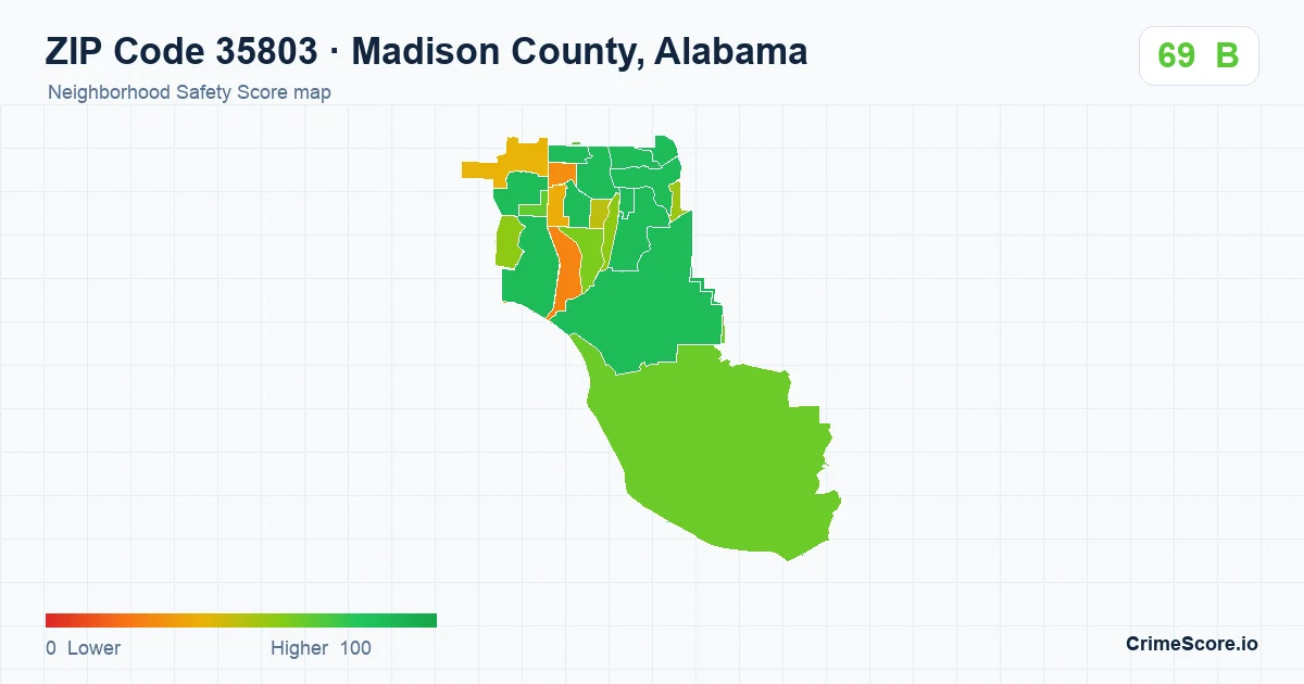 ZIP Code 35803 in Madison County, Alabama neighborhood Safety Score map