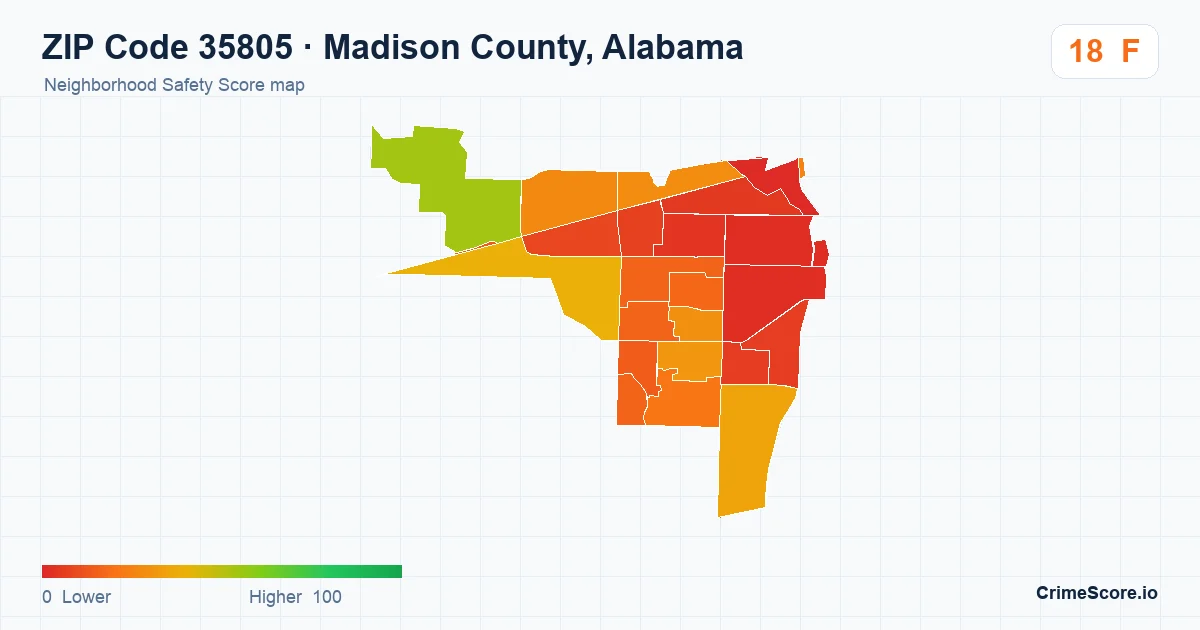 ZIP Code 35805 in Madison County, Alabama neighborhood Safety Score map
