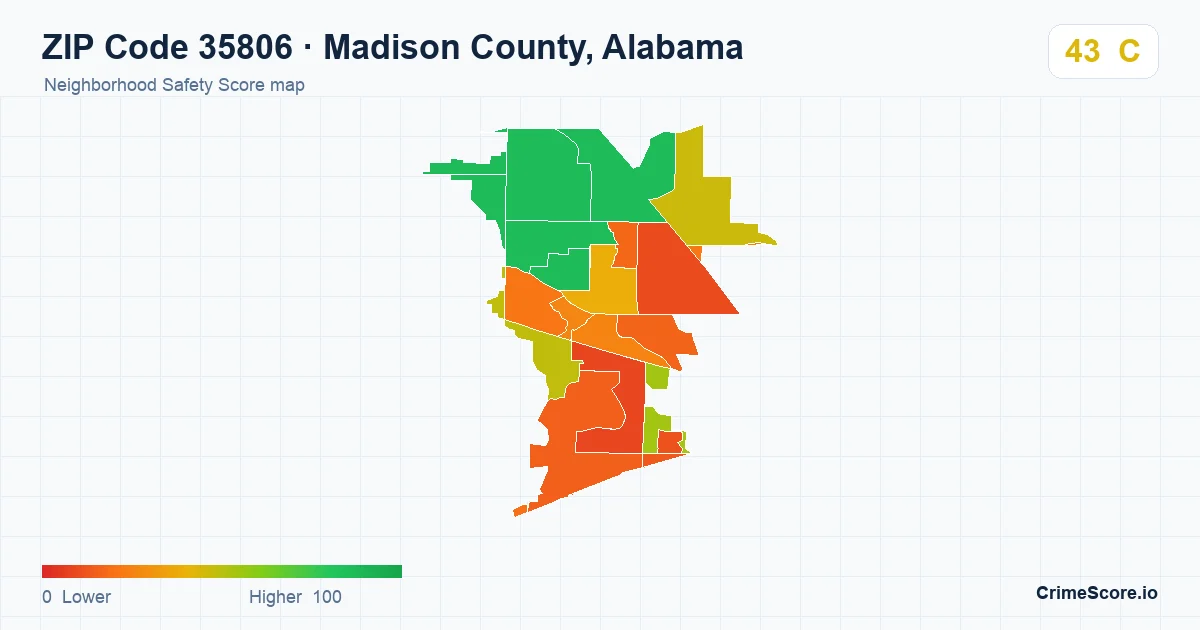 ZIP Code 35806 in Madison County, Alabama neighborhood Safety Score map