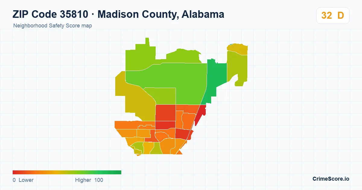ZIP Code 35810 in Madison County, Alabama neighborhood Safety Score map