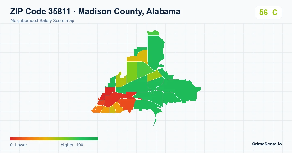 ZIP Code 35811 in Madison County, Alabama neighborhood Safety Score map