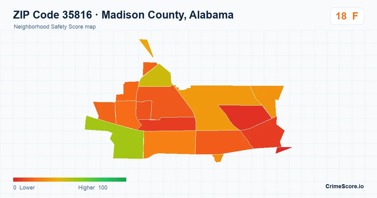 ZIP Code 35816 in Madison County, Alabama neighborhood Safety Score map