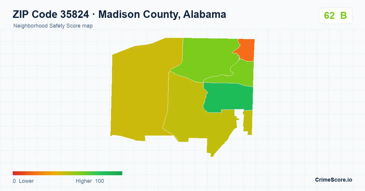 ZIP Code 35824 in Madison County, Alabama neighborhood Safety Score map