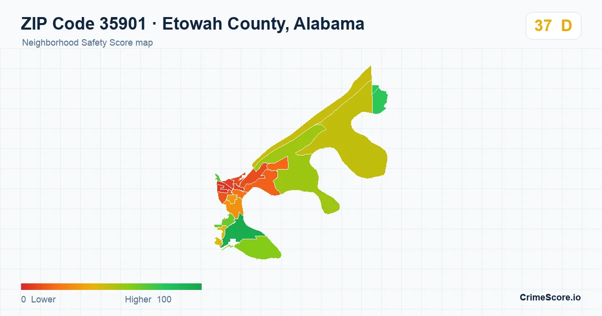 ZIP Code 35901 in Etowah County, Alabama neighborhood Safety Score map