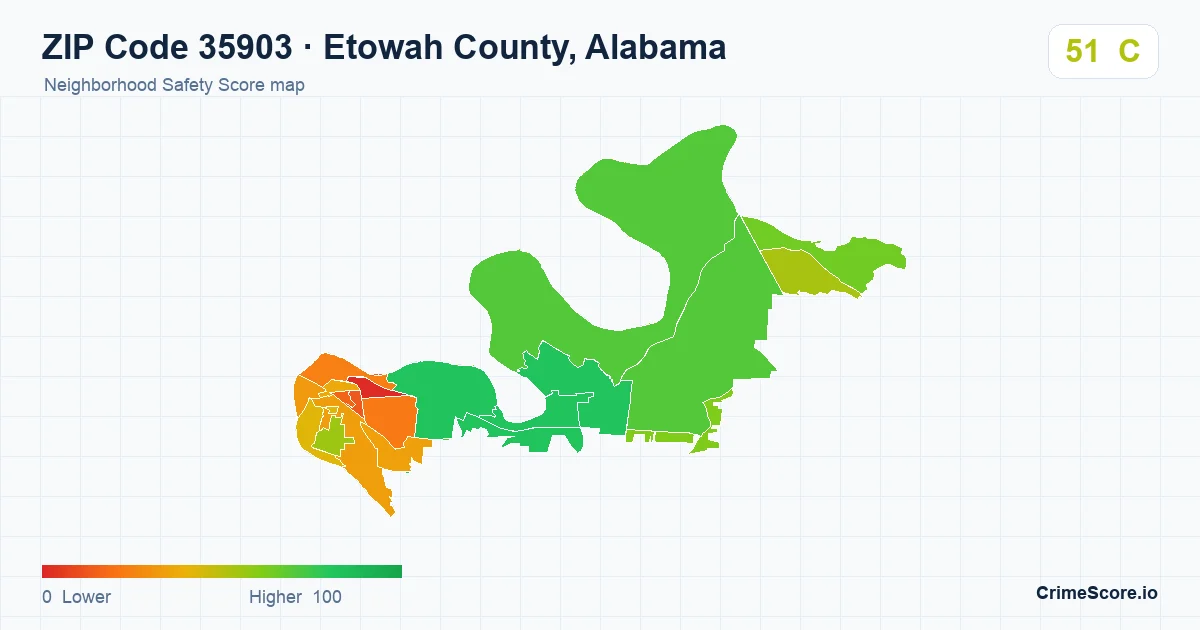 ZIP Code 35903 in Etowah County, Alabama neighborhood Safety Score map