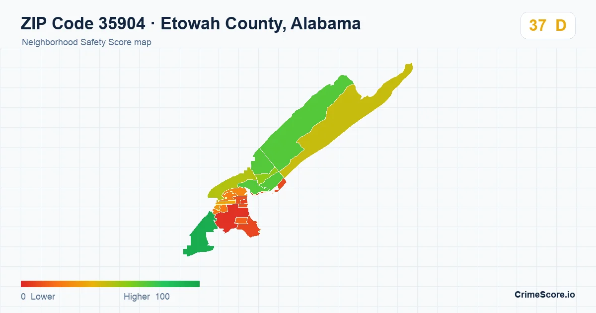 ZIP Code 35904 in Etowah County, Alabama neighborhood Safety Score map