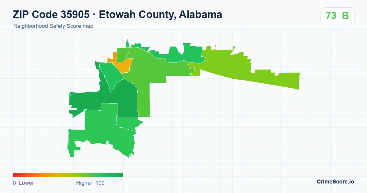 ZIP Code 35905 in Etowah County, Alabama neighborhood Safety Score map